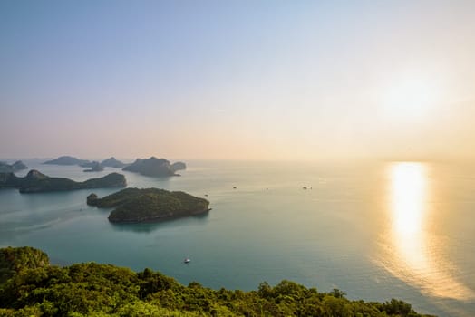 High angle view from Ko Wua Ta Lap island, beautiful nature landscape of sunrise over the sea in Mu Ko Ang Thong National Marine Park is a famous tourist destination, Surat Thani, Thailand