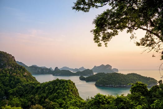 High angle view from Ko Wua Ta Lap island, beautiful nature landscape of sunrise over the sea in Mu Ko Ang Thong National Marine Park is a famous tourist destination, Surat Thani, Thailand