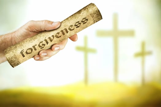 A hand that shows the message of forgiveness from the cross of the Lord Jesus. Jesus blood cries out with a message of forgiveness and reconciliation. Hebrews 12:24