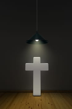 Christian cross under a lamp - 3d rendering