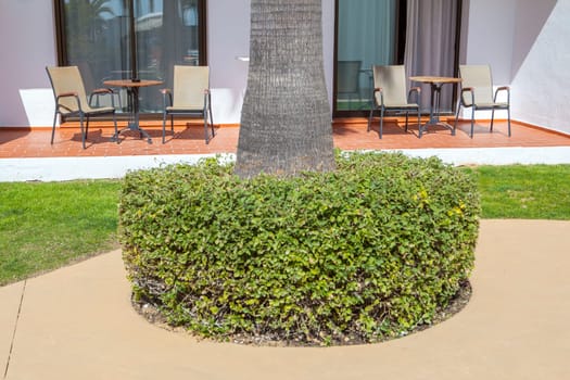 Open terrace to garden at holidays apartments resort, Andalusia, Spain