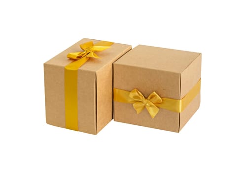 Two brown gift box with gold bow isolated on white background