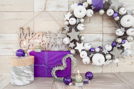 Colorful decoration for Christmas on background made of wood