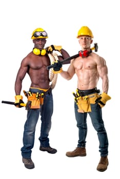 Two strong build construction workers isolated in white