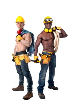 Two strong build construction workers isolated in white