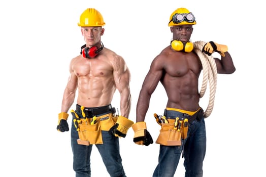 Two strong build construction workers isolated in white