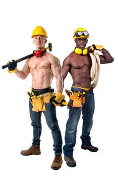 Two strong build construction workers isolated in white