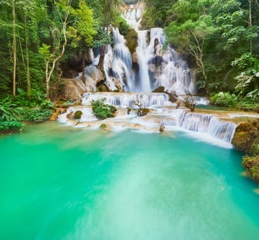 Tat Kuang Si Waterfalls. Beautiful landscape. Luang Prabang. Laos.