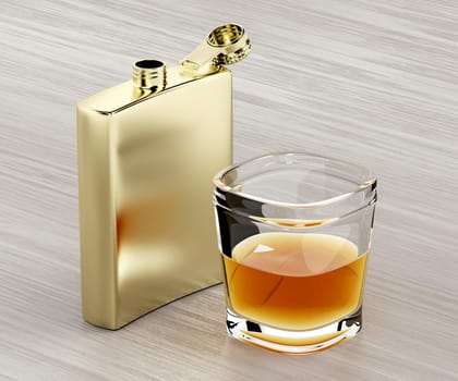 Golden hip flask and a glass of whiskey on wooden table