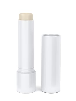 Open lip balm stick on white background
