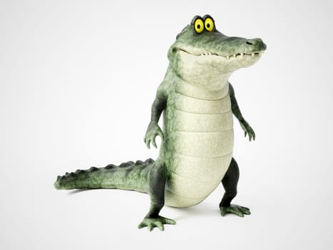 3D rendering of a cute, friendly cartoon crocodile standing up and smiling.