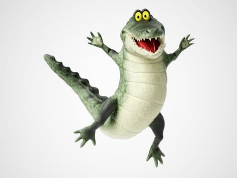 3D rendering of a cute, friendly cartoon crocodile smiling and jumping for joy.