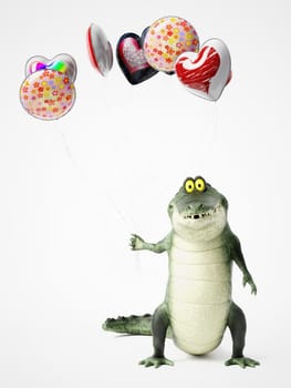 3D rendering of a cute, friendly cartoon crocodile holding a bunch of balloons in his hand.