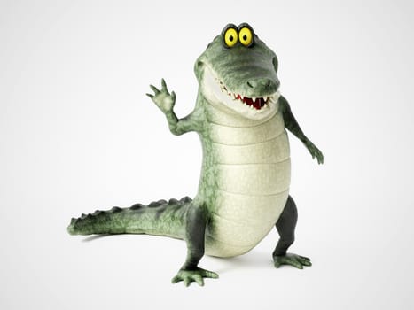 3D rendering of a cute, friendly cartoon crocodile standing up and waving hello.