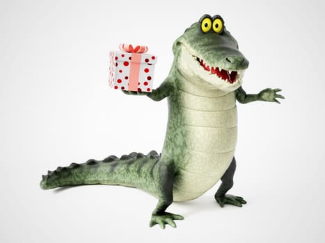 3D rendering of a cute, friendly cartoon crocodile holding a present in his hand.