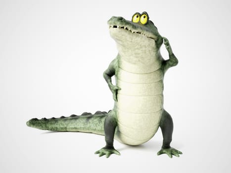 3D rendering of a cute, friendly cartoon crocodile thinking about something.