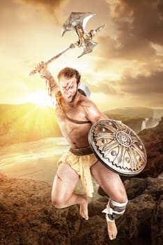 Ancient warrior or Gladiator fighting in a dark environment