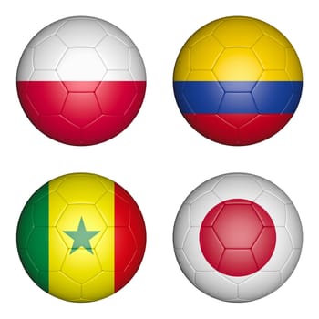 Four balls with the image of the flags of countries, the cup of the championship of football. 3d rendering.