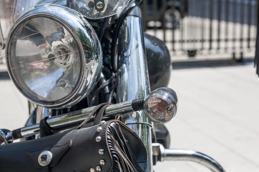 Headlight and front leather bag of chopper classic motorbike