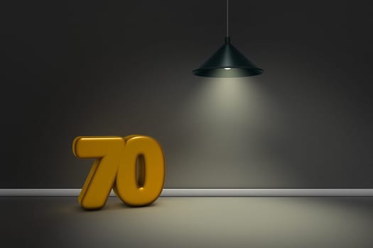 the number seventy under a lamp - 3d rendering