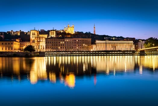 night view from Lyon city near the Fourviere cathedral and Saône river