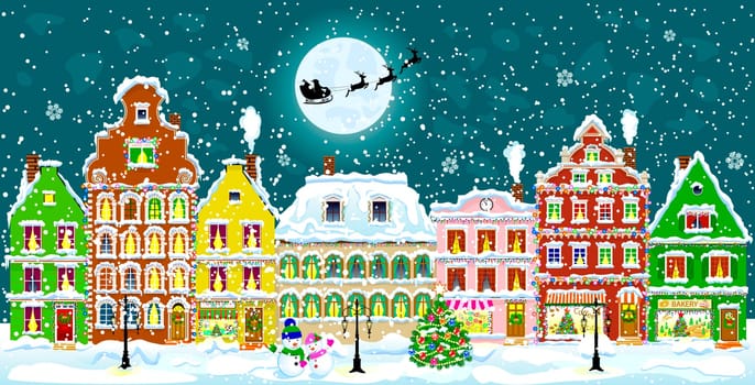 City street in the winter night. Christmas Eve. Winter holiday. Houses in winter night. Snow on a city street. Decoration houses on winter holidays.