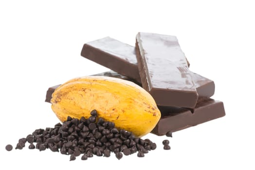 Fresh cocoa pod, chocolate chips and chocolate bars