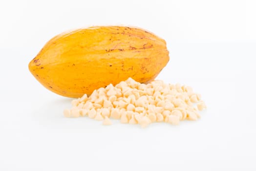 Fresh cocoa pod and chocolate chips