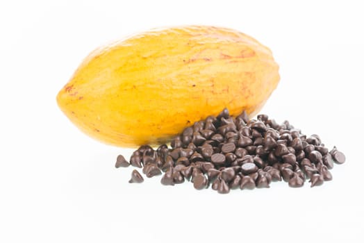 Fresh cocoa pod and chocolate chips