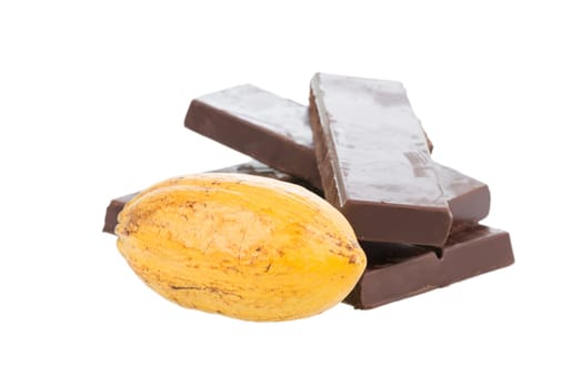 Fresh cocoa pod and chocolate bars