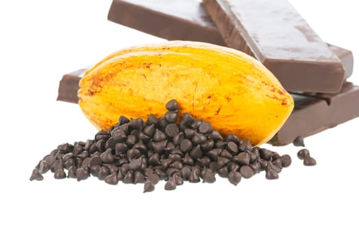 Fresh cocoa pod, chocolate chips and chocolate bars