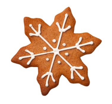 Christmas gingerbread snowflake cookie isolated on white background. Top view