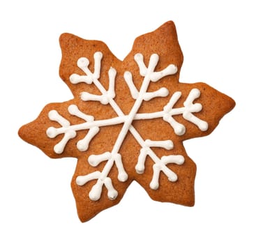 Gingerbread snowflake cookie isolated on white background. Top view