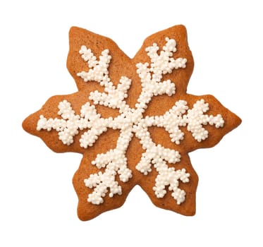 Gingerbread snowflake cookie isolated on white background. Top view