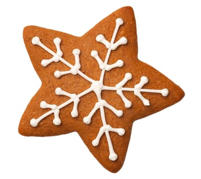 Gingerbread star cookie for christmas isolated on white background. Top view