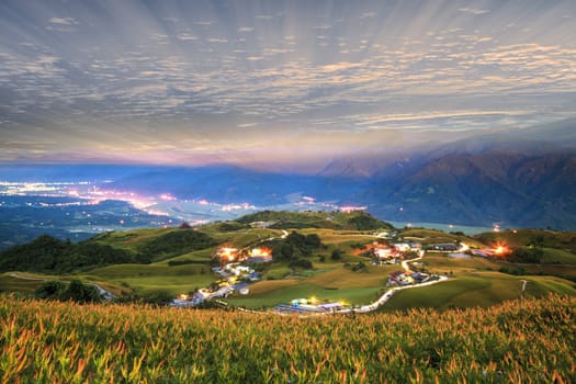 the Landscape with mountains under morning sky with clouds