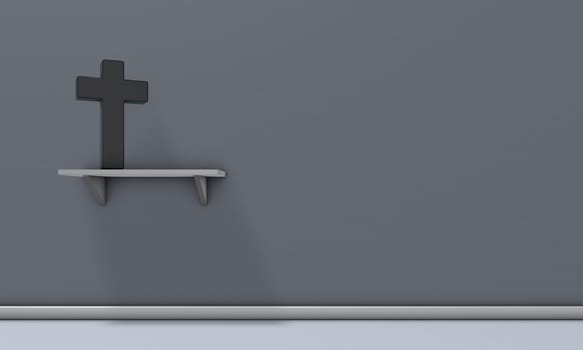 Christian cross on shelf on gray wall - 3d rendering