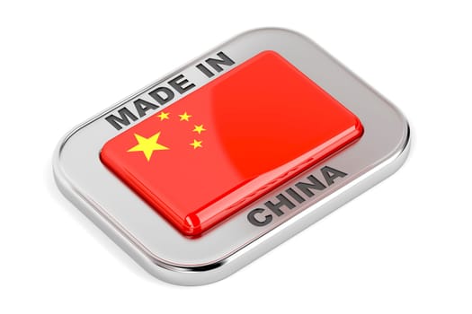 Made in China, silver badge on white background