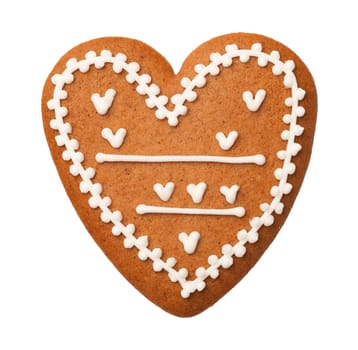 gingerbread heart cookie isolated on white background. top view