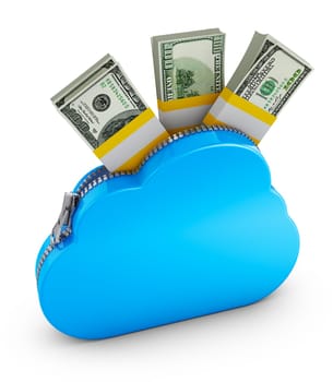 Cloud with zipper and the pack of dollars. 3d rendering.