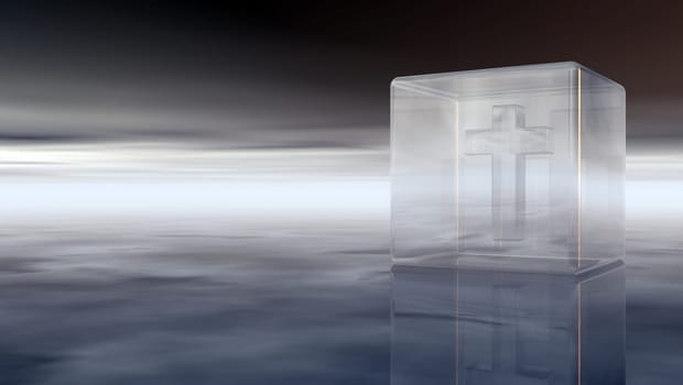 Christian cross in glass cube under dark sky - 3d illustration