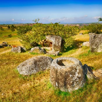 Archaeological landscape The Plain of jars.  Laos. Panorama