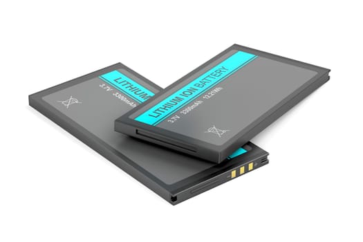 Two rechargeable Li-ion batteries on white background