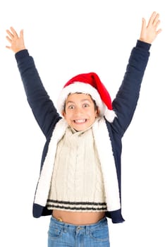 Happy young boy with Santa's hat posing isolated in white