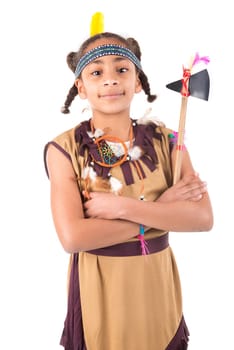 Young girl in native american costume isolated in white