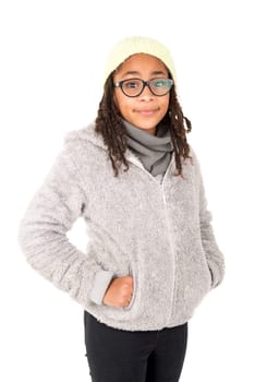 Young girl posing in winter clothes isolated in white