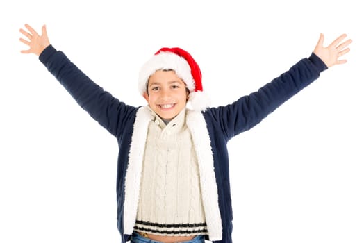 Happy young boy with Santa's hat posing isolated in white