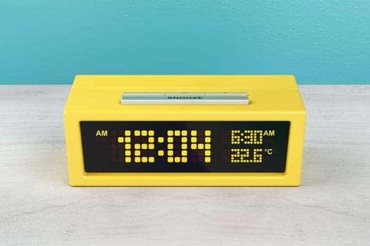 Yellow digital alarm clock on wood nightstand