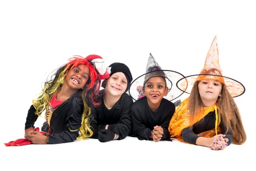 Kids with face-paint and Halloween costumes isolated in white