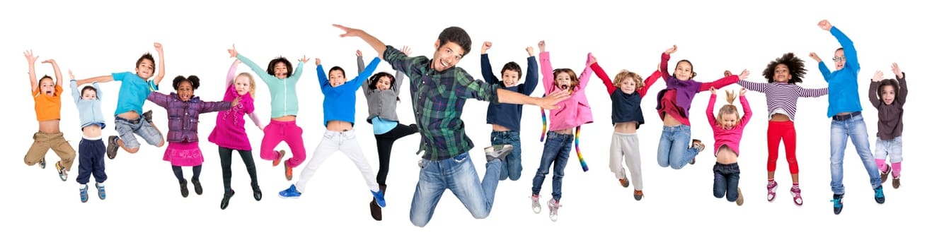 Large group of happy kids jumping with teacher isolated in white